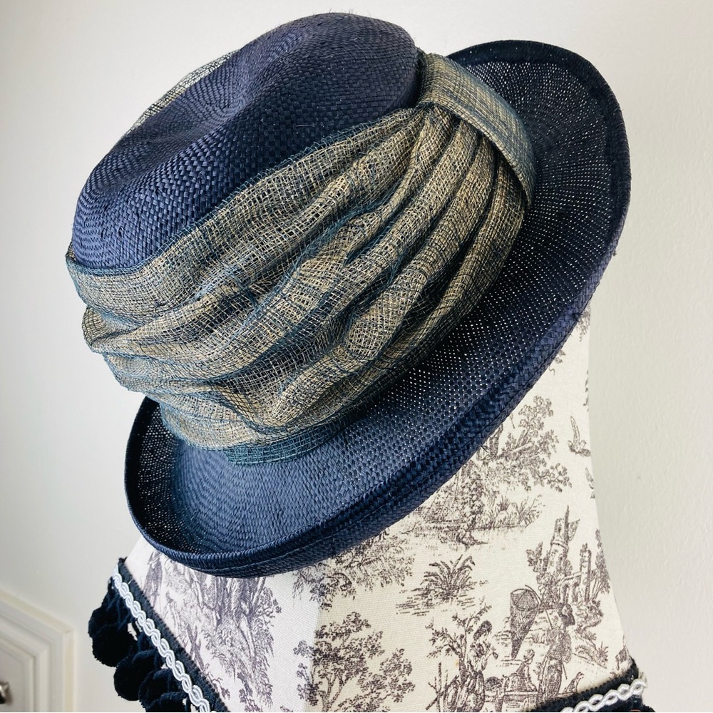 Vintage Laura Ashley Navy Straw & Mesh Netting Hat Great Britain
